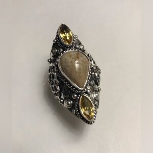 Citrine Fossil Coral Stamped 925 Sterling Silver Ring